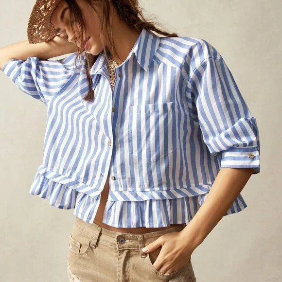 Blue white Casual Women's Vacation Striped Collared 3/4 Sleeve Ruffle top - Picture 7 of 7
